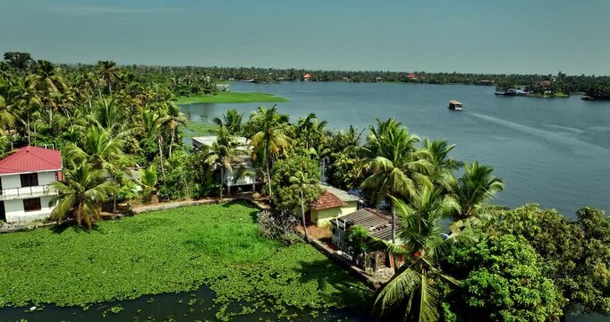Aerial view of the Alleppey backwaters in Kerala, featuring lush green islands,  village houses, and calm waterways, showcasing the scenic beauty of this popular tourist destination in South India.