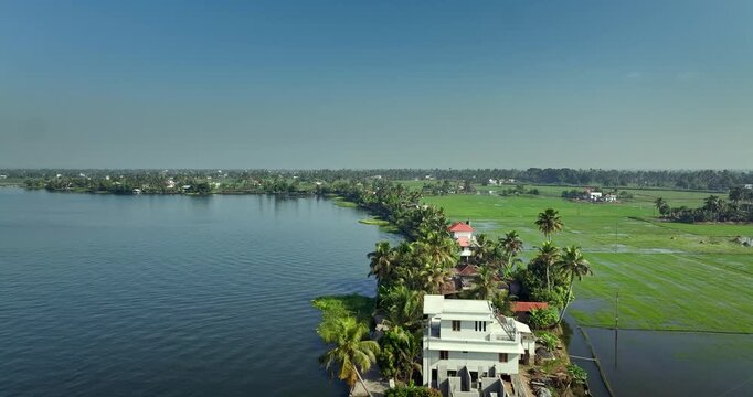 Aerial view of the Alleppey backwaters in Kerala, featuring lush green islands,  village houses, and calm waterways, showcasing the scenic beauty of this popular tourist destination in South India.