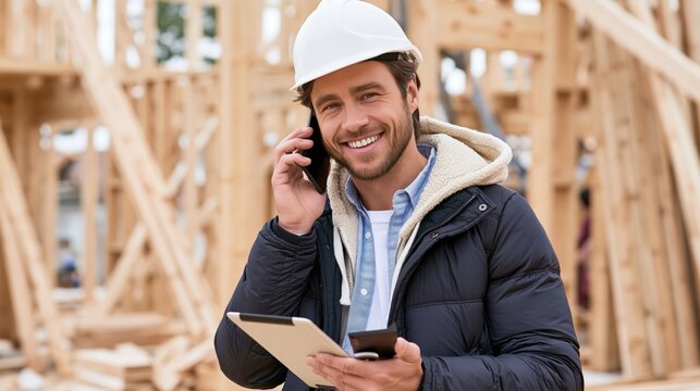 Smiling foreman using a mobile device and tablet at a new construction site.