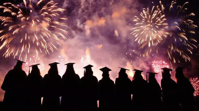 A line of silhouetted figures wearing graduation caps stand against a dramatic backdrop of colorful fireworks. ..Created with Generative AI, not depicting real subjects.