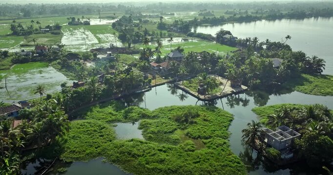 Aerial view of the Alleppey backwaters in Kerala, featuring lush green islands,  village houses, and calm waterways, showcasing the scenic beauty of this popular tourist destination in South India.