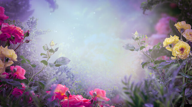 Fantasy blooming pink and yellow roses flowers in fairy tale magical garden, whimsical fairytale glade wallpaper background, magic tranquil misty landscape template, scene with empty copy space.
