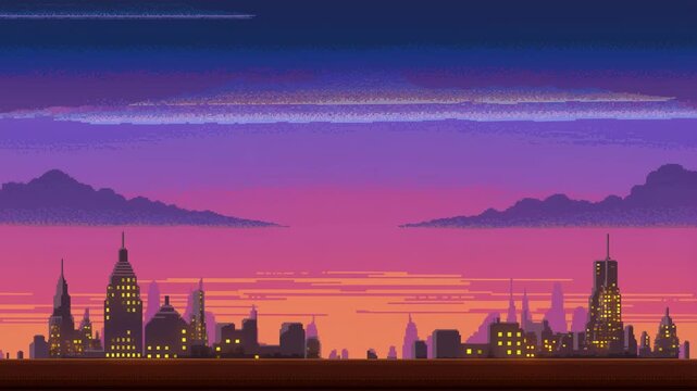 Pixel art city skyline transitioning from sunset to night with glowing building lights