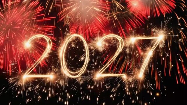 2027 New Year fireworks display, glowing numbers with sparkling lights and festive explosions. ..Created with Generative AI, not depicting real subjects.