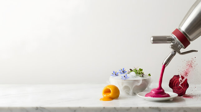 Molecular Gastronomy Staging With Culinary Siphon Beetroot Espuma Smoking Bowl Mango Sphere And Shattering Beetroot Chip On Marble Surface
