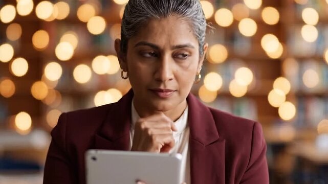Professional South Asian Woman Using Tablet and Smiling in Office