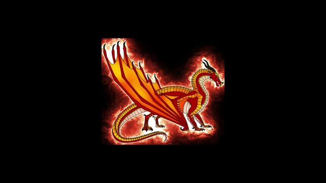 Fiery golden dragon breathing flames in dramatic dark background animation