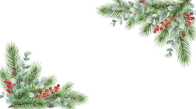 Watercolor pine branches, eucalyptus leaves, and red berries forming a diagonal corner frame on a white background