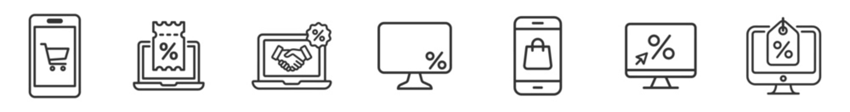 online shopping and discount icons set in line style vector illustration on transparent background