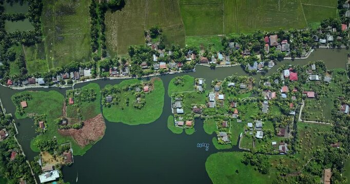 Aerial view of the Alleppey backwaters in Kerala, featuring lush green islands,  village houses, and calm waterways, showcasing the scenic beauty of this popular tourist destination in South India.