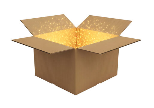 Empty cardboard box with golden light inside