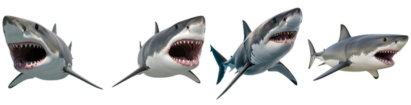 A collection of four magnificent great white sharks, captured in dynamic poses with open mouths.