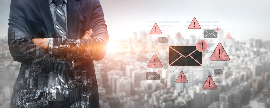 Concept of a cybersecurity warning for unsafe email communication. This alert signifies a phishing attack, spam, or malware risk that requires immediate attention to prevent fraud. Fermion