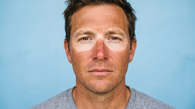 Front portrait of man face with severe raccoon sunburnt tan lines around eyes