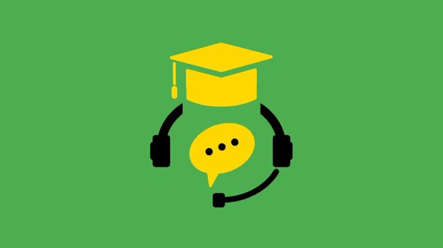 Online teaching icon featuring headphones, a speech bubble, and a graduation cap, representing digital education, remote learning, and virtual classroom communication.