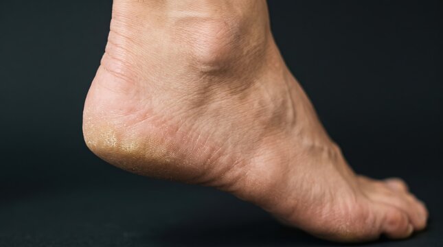 Close up profile of human foot heel with thick cracked dry skin callus