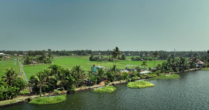 Aerial view of the Alleppey backwaters in Kerala, featuring lush green islands,  village houses, and calm waterways, showcasing the scenic beauty of this popular tourist destination in South India.