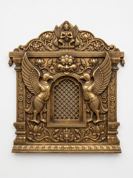 Traditional South Indian Brass Temple Window with Sculpted Winged Yali Guardians