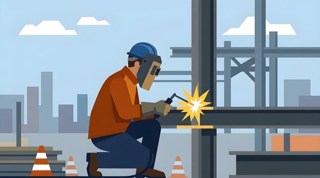 Construction worker wearing protective equipment and welding a steel beam at a building construction site, with sparks flying from the welding process. Flat vector illustration.