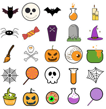 Halloween holiday element set. Childish print for card, stickers, party invitations and apparel. Vector Illustration