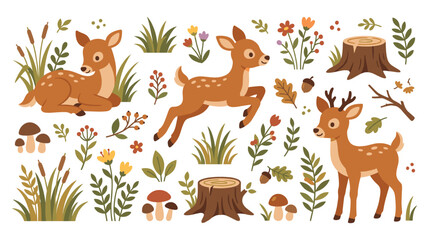 Naklejka premium Cute deer collection with natural woodland elements for forest theme.