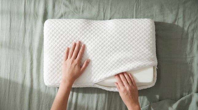 Hands unzipping orthopedic memory foam pillow cover flat lay on green sheet bedding concept