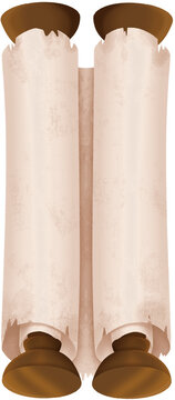 Vintage blank paper scroll banner with wooden rollers for antique letter background