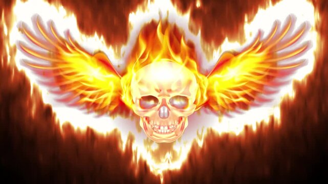 Fiery demon skull with flaming wings glowing in dark dramatic horror background animation