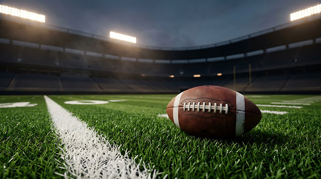 American football resting on green turf of a brightly lit stadium field with yard lines