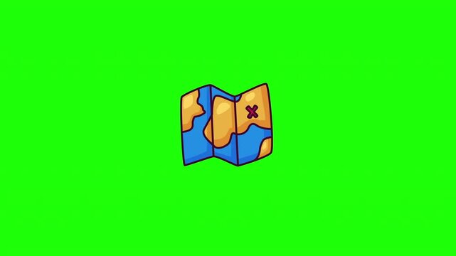 Animated open map with location pin doodle icon, hand-drawn flat vector line art, looping motion graphic for navigation and travel design