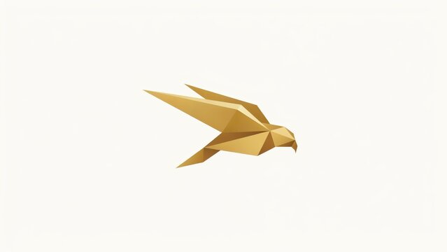 Golden origami bird in flight, geometric paper eagle sculpture, luxury low poly falcon icon on white background