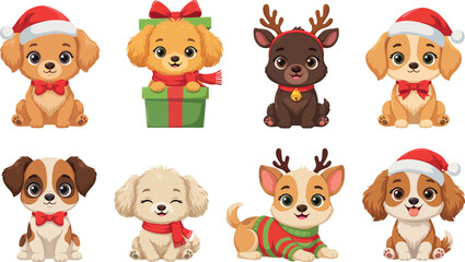 Naklejka premium Cute Christmas Puppy Character Vector Set Featuring Puppies Wearing Santa Hats Reindeer Antlers and Bows for Holiday Greeting Cards and Festive Designs