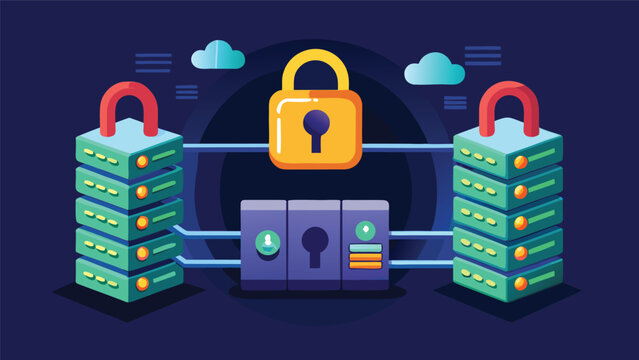 Padlock connecting server racks. Data security concept for network infrastructure protection.