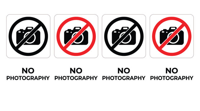 No photography sign icon set, prohibition sign for cameras, vector illustration