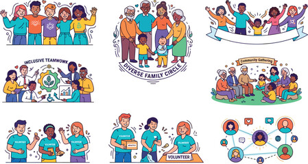 Fototapeta premium Diverse community family teamwork and volunteer group illustration set multicultural social unity characters isolated vector collection