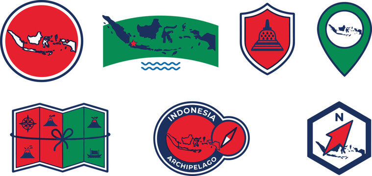 Indonesia map and travel icons set archipelago pin compass Borobudur temple badge elements isolated vector illustration