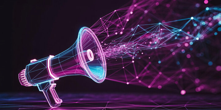Futuristic digital megaphone with glowing purple and blue network connections for communication concept