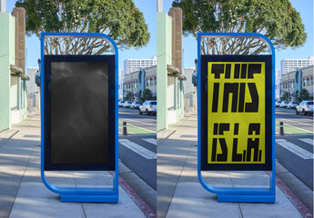  Mockup of blue urban panel display stands empty on a sidewalk in Los Angeles. Cars pass by in the background as people walk along the city streets.
