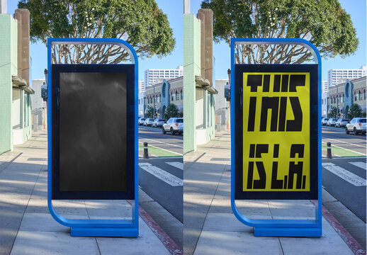  Mockup of blue urban panel display stands empty on a sidewalk in Los Angeles. Cars pass by in the background as people walk along the city streets.
