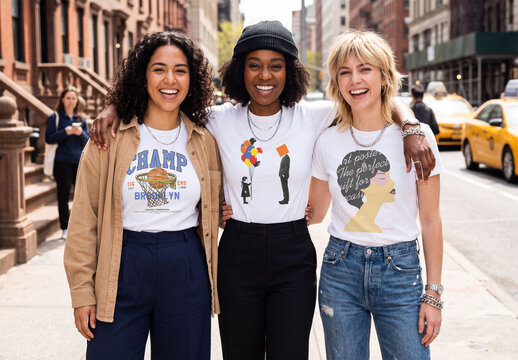 Mockup of Three women stand together un New York sidewalk wearing white t-shirts and casual pants.