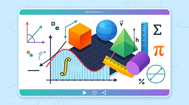 Interactive Educational Display Featuring Geometric Shapes, Mathematical Graphs, and Measurement Tools for Learning Concepts