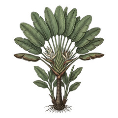 Obraz premium Traveler's Palm with Fan-Shaped Leaves and Flower Bracts Botanical Illustration