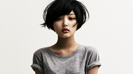 Fototapeta premium Young woman with short black hair poses in a gray shirt.
