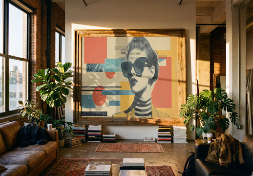 A room has a big empty frame on the wall with sunlight coming through windows. Green plants and a couch are in the space. PSD mockup template