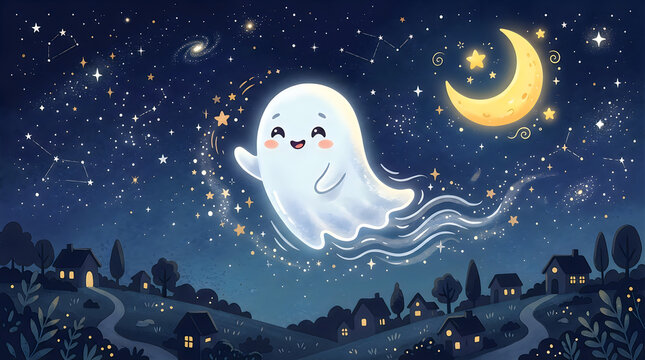 Cute cartoon ghost floating above a city skyline at night with stars and moon