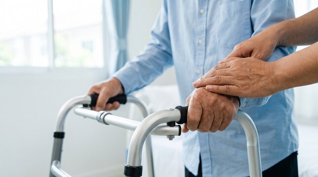 Caregiver hands comforting elderly man using walker frame medical recovery healthcare support