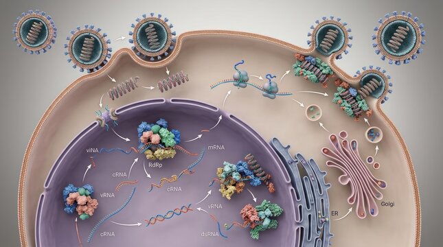 Cellular process of viral infection and replication inside host organism