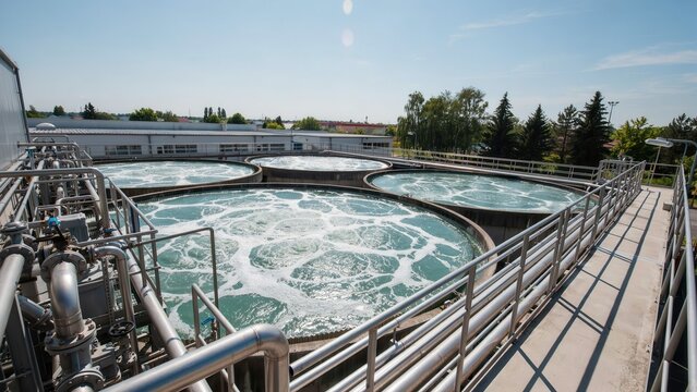 Industrial wastewater treatment plant with aerated tanks under a blue sky. Ideal for environmental engineering and sustainable infrastructure projects.