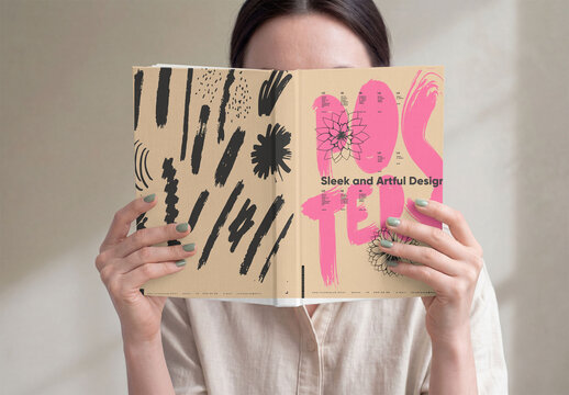 Mockup of woman holding a hardcover book with a plain cover in front of their face. The background shows a soft light. It seems to be indoors.