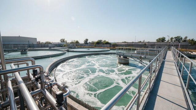 Industrial wastewater treatment plant with large circular sedimentation tanks under clear blue sky. Symbolizing sustainable water management and environmental engineering.